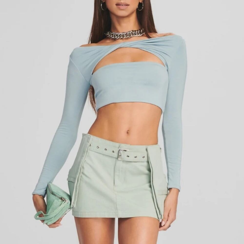 SEROYA Ellis Cutout Twist Crop Top NWT L Slate Blue Grey Bodycon Long Sleeve